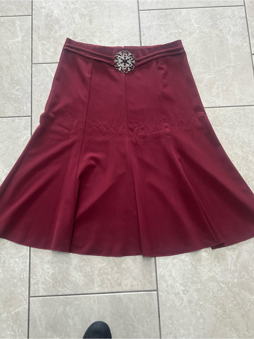 Women's Burgundy Flared Skirt with Decorative Buckle